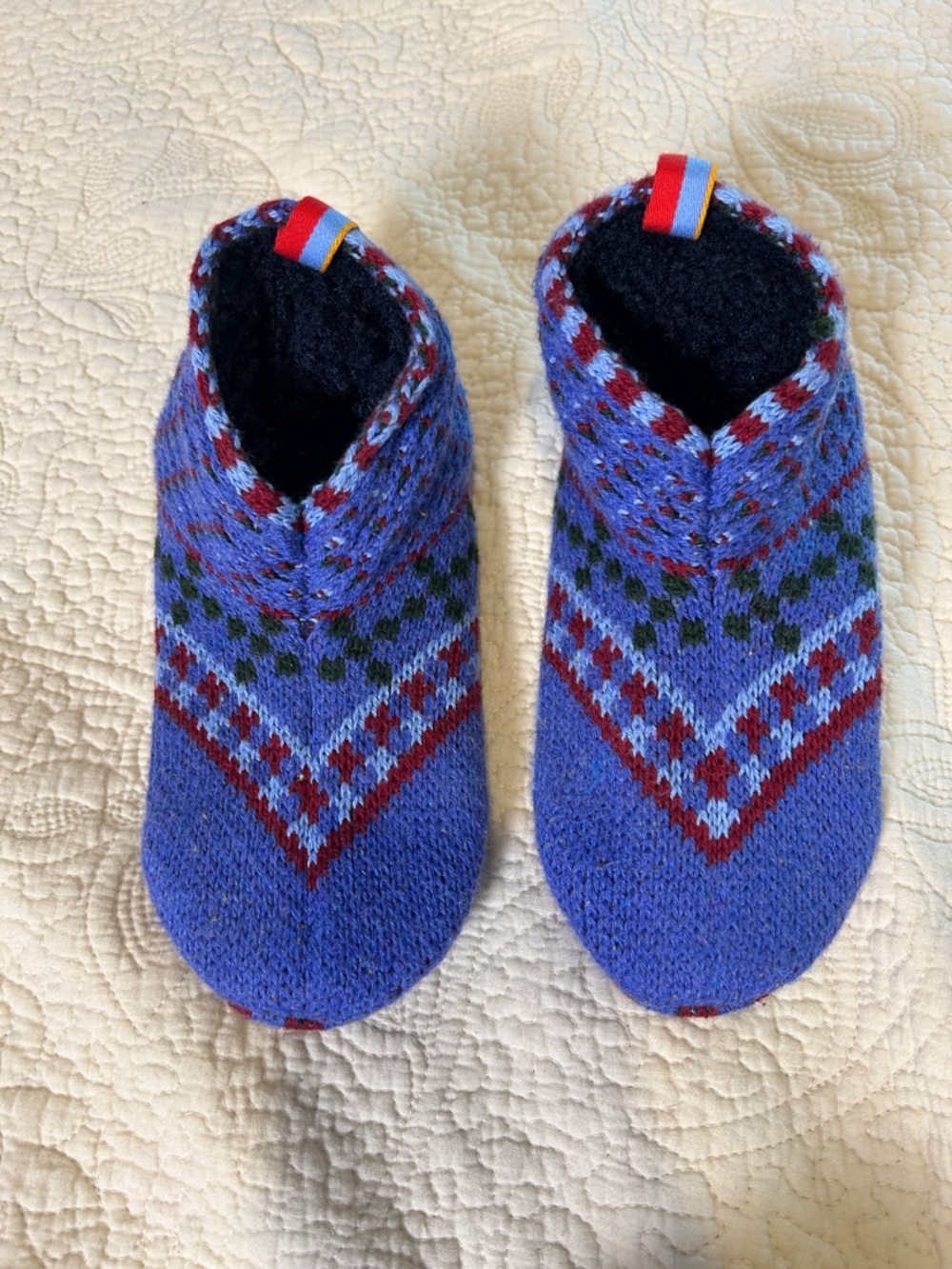 Bombas Kids Blue Knit Slip-On Slippers with Red and Green Accents